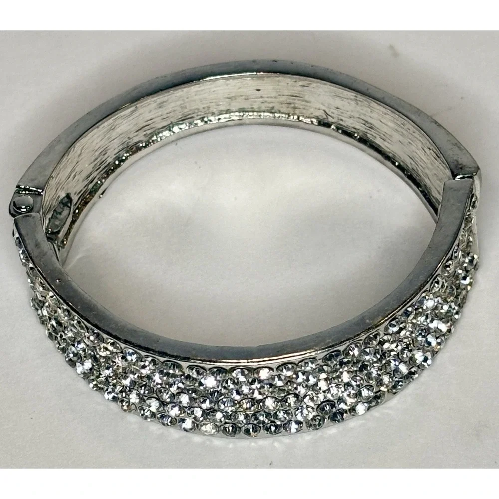 Vintage Silvertone Crystal Wide Hinged Bangle Bracelet